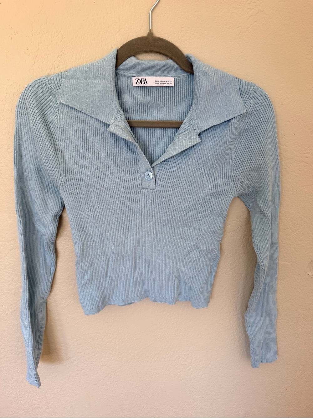 Zara Light Blue Ribbed Polo Long Sleeve Top